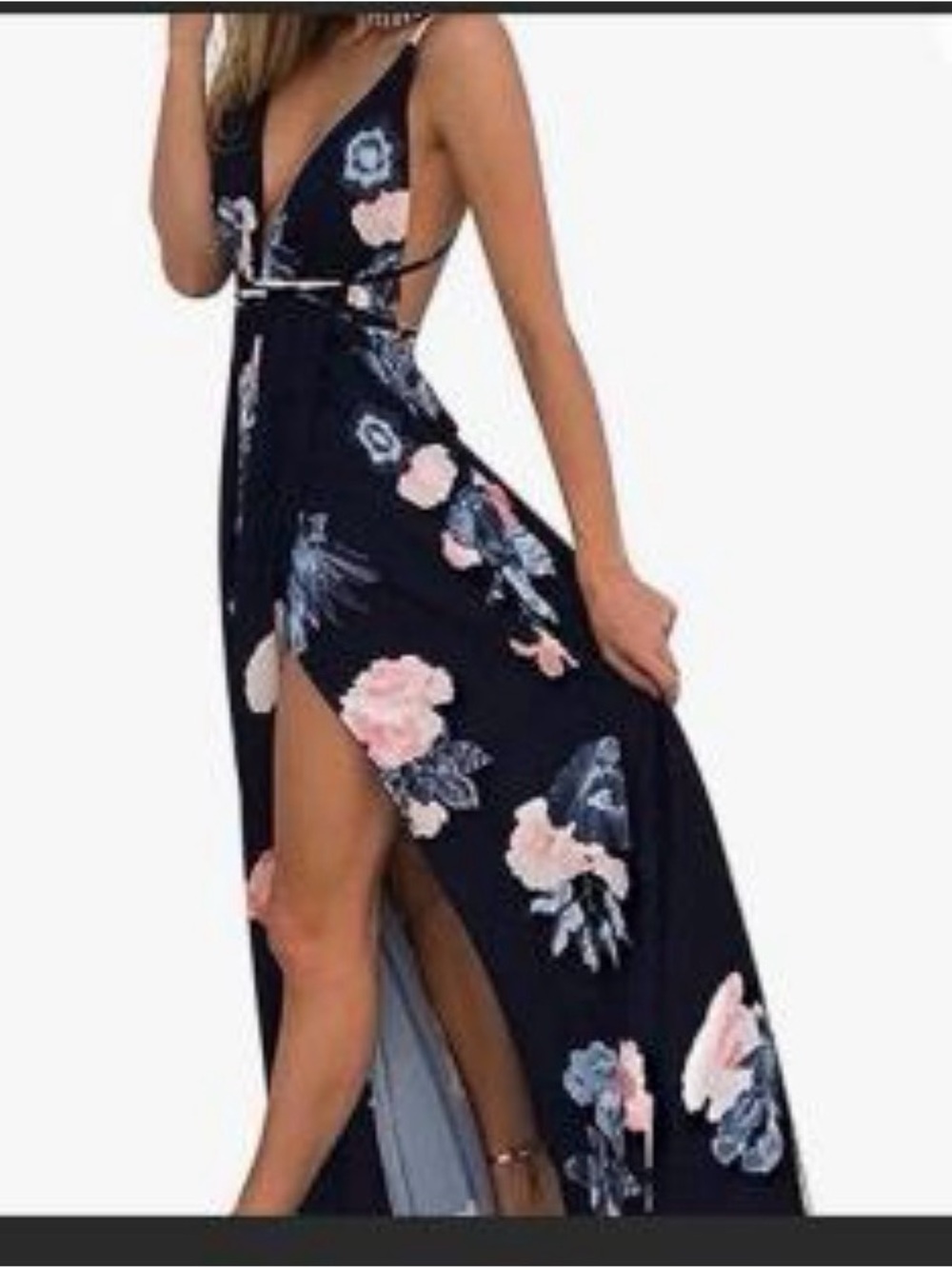 Navy Blue Floral Split Maxi Dress with Pink Blooms - Size Medium